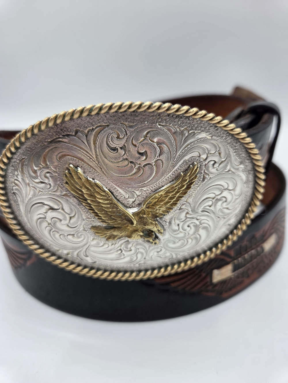 Honda Motor Leather Belt with Western Eagle Gold-Tone Buckle
